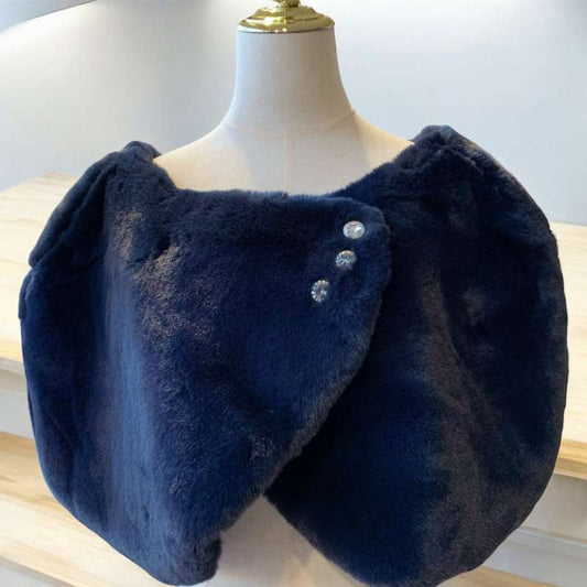 Navy Glass Buttoned Faux Fur Wrap